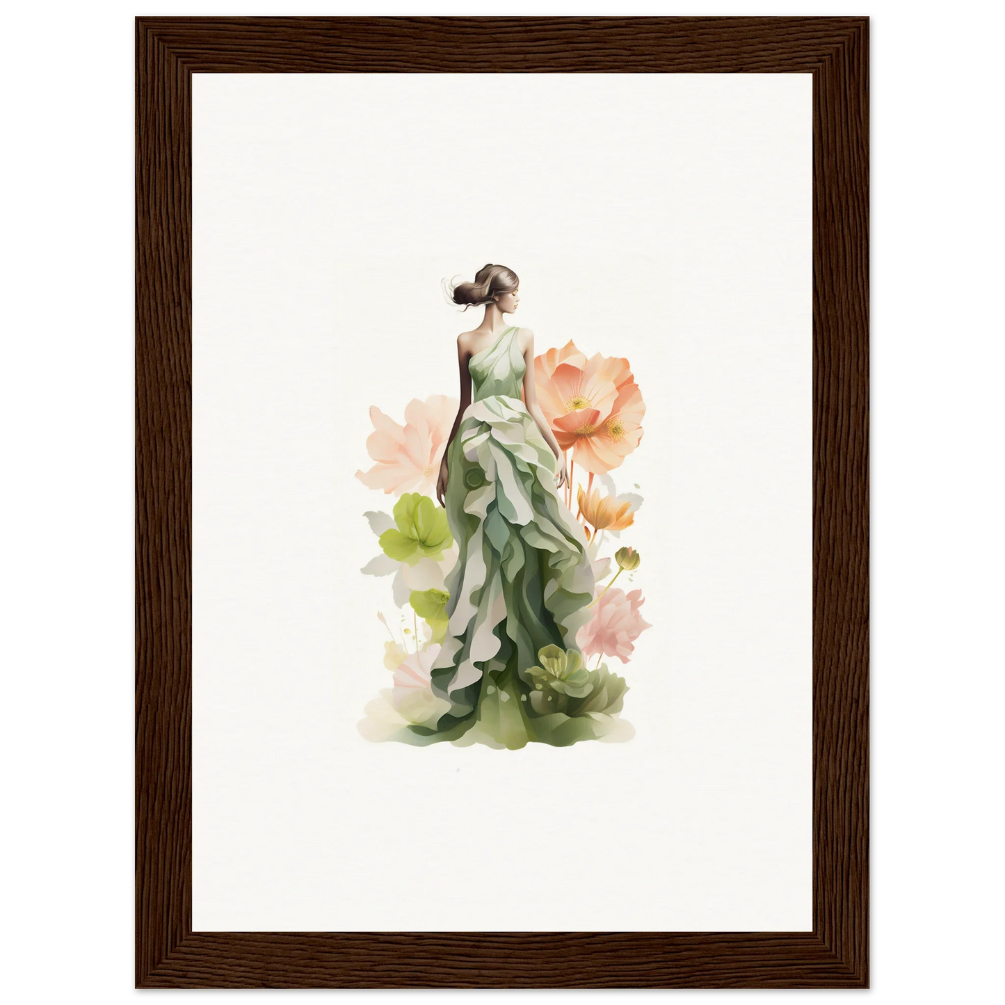 Watercolor painting of a woman in green dress for Spring Symphony room decoration