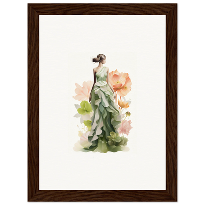 Watercolor painting of a woman in green dress for Spring Symphony room decoration