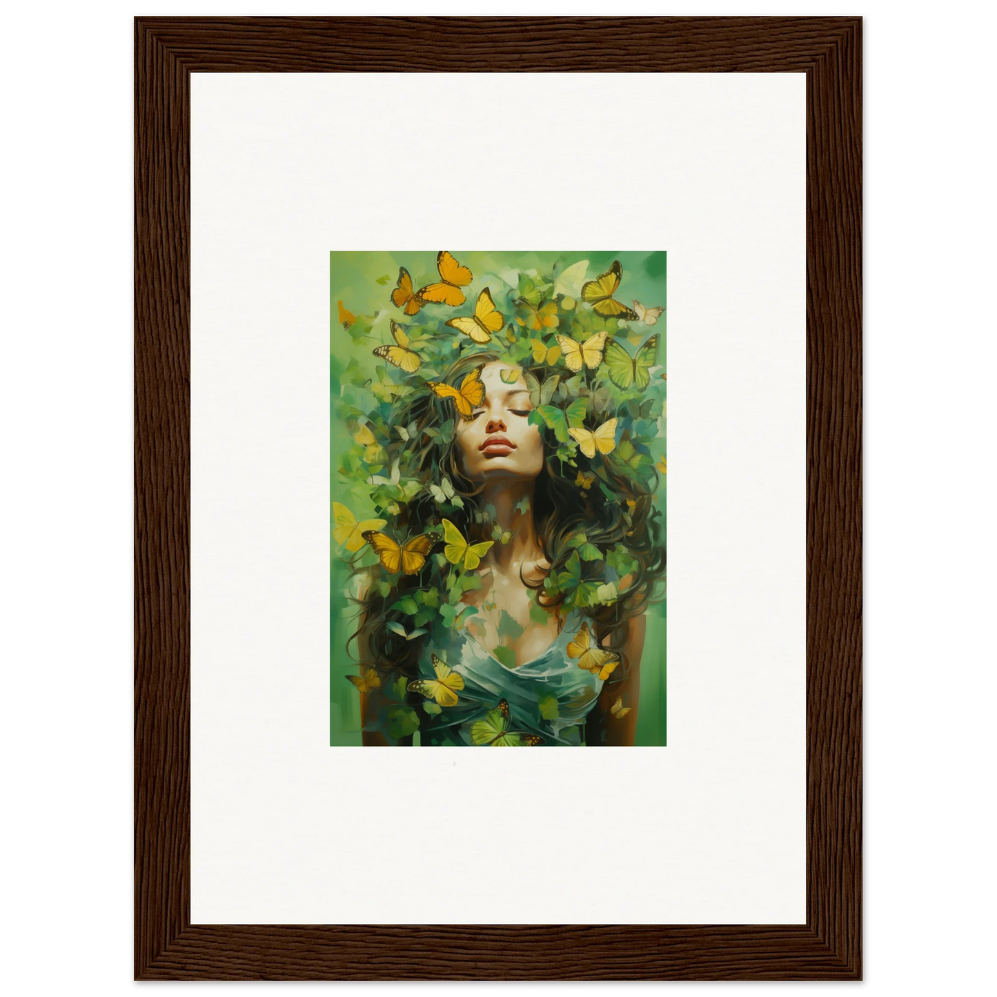 Framed canvas print of a woman in a chrysalis ecstasy with butterflies for room decoration