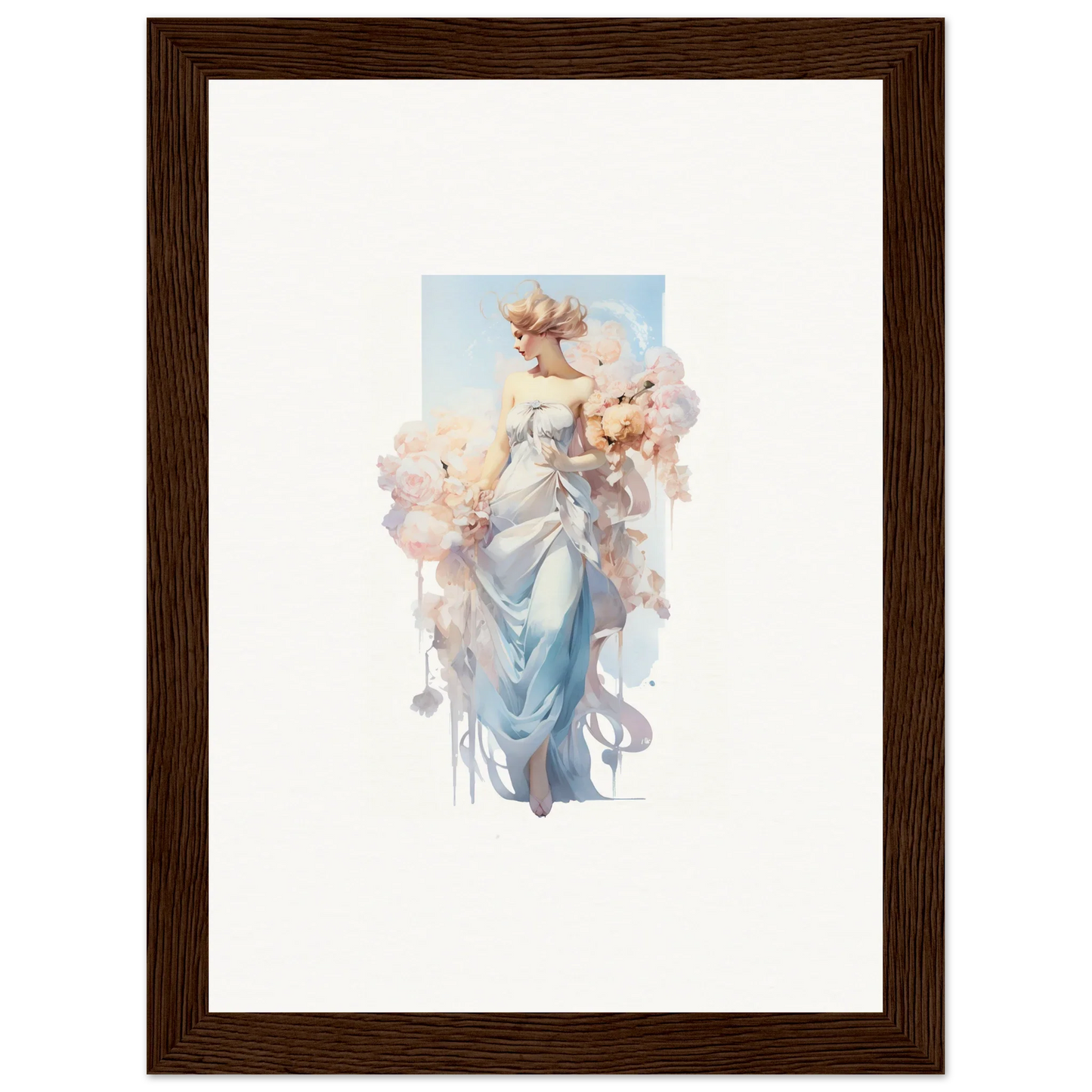 Framed watercolor of an ethereal woman in blue for a stunning bouquet waltz room decoration