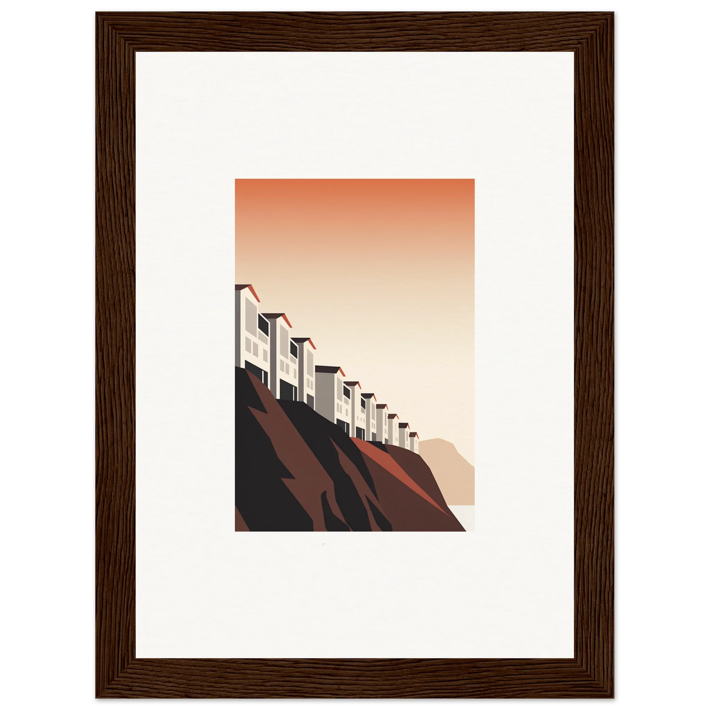 Stylized buildings on a hillside canvas print for charming room decoration wall art