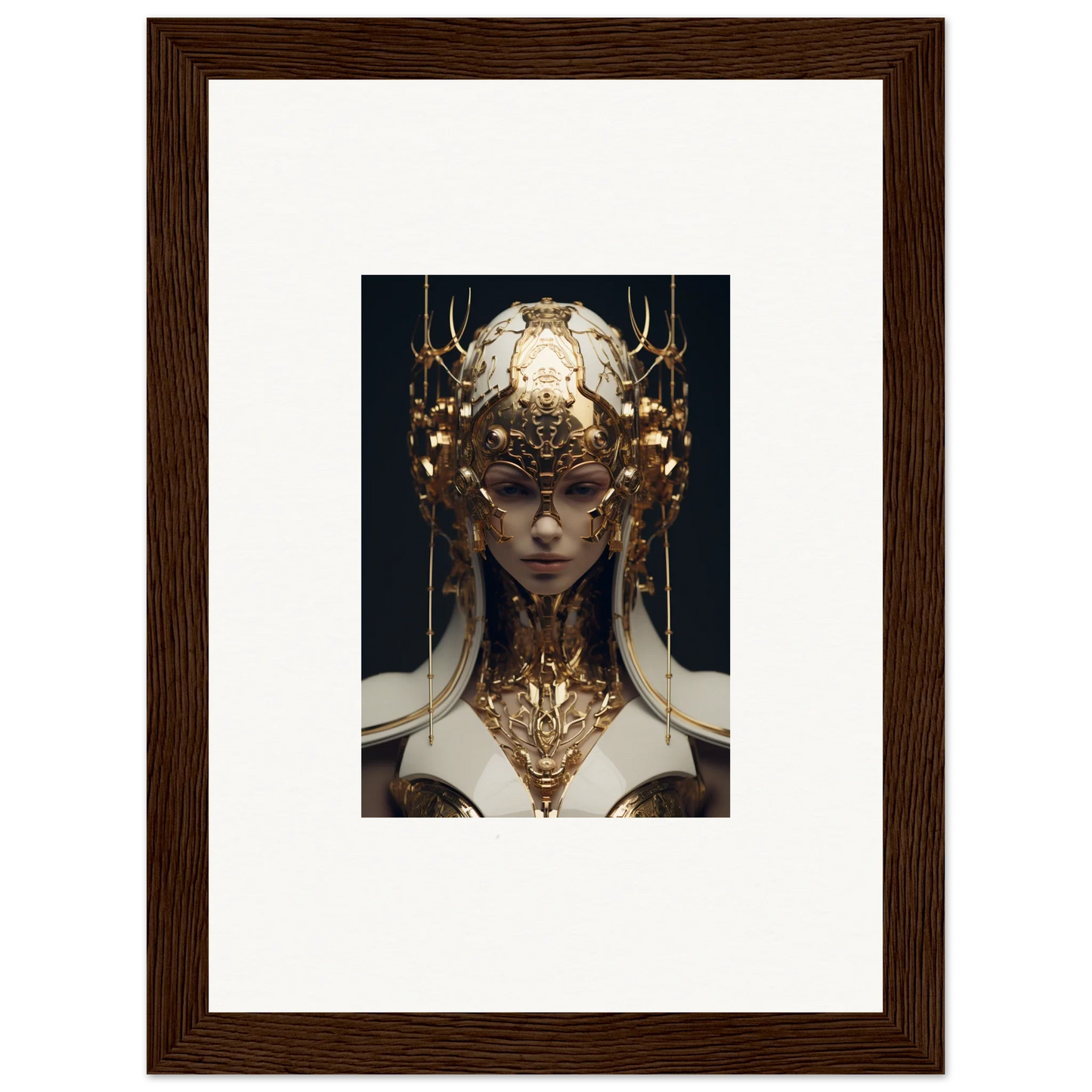 Ornate golden headdress and neck piece on figure from Lumiere Ethereal Sovereign canvas print