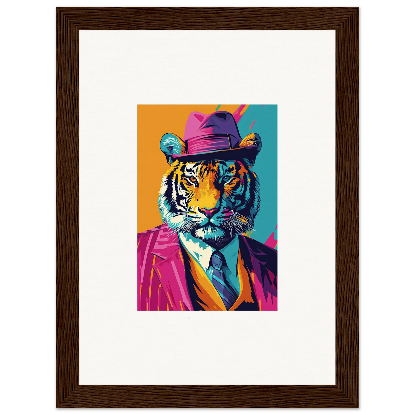 Colorful pop art tiger portrait in a hat and suit, perfect for combo renaissance room decoration