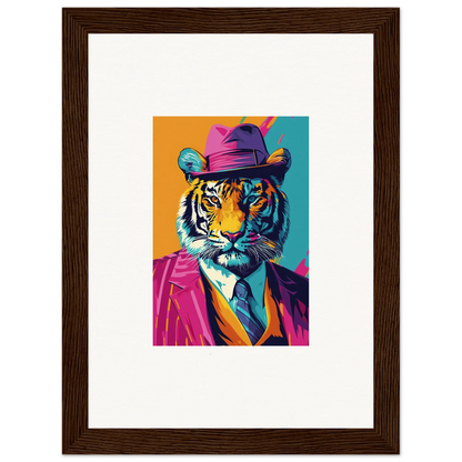 Colorful pop art tiger portrait in a hat and suit, perfect for combo renaissance room decoration