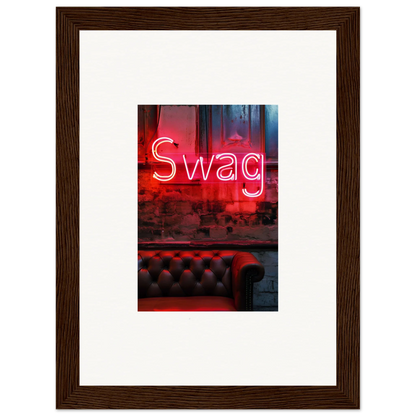 Framed neon Swag sign above leather, perfect wall art for unique room decoration