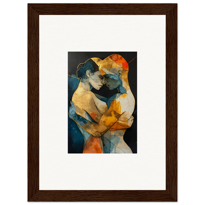 Abstract painting of two figures embracing in warm and cool tones for room decoration