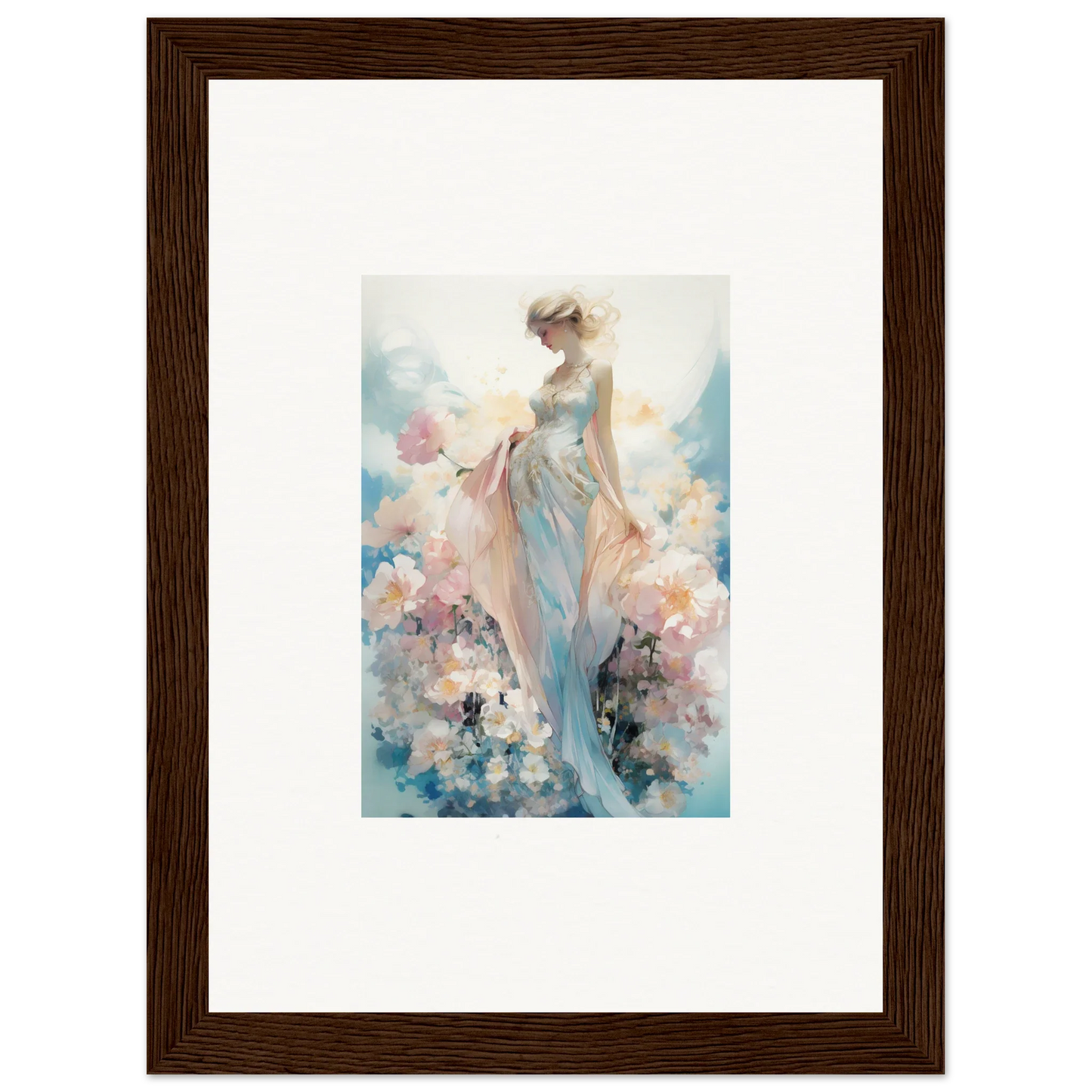 Framed watercolor painting of a dreamy female figure with pastel flowers for room decoration