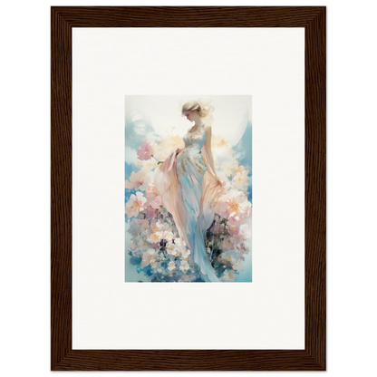 Framed watercolor painting of a dreamy female figure with pastel flowers for room decoration