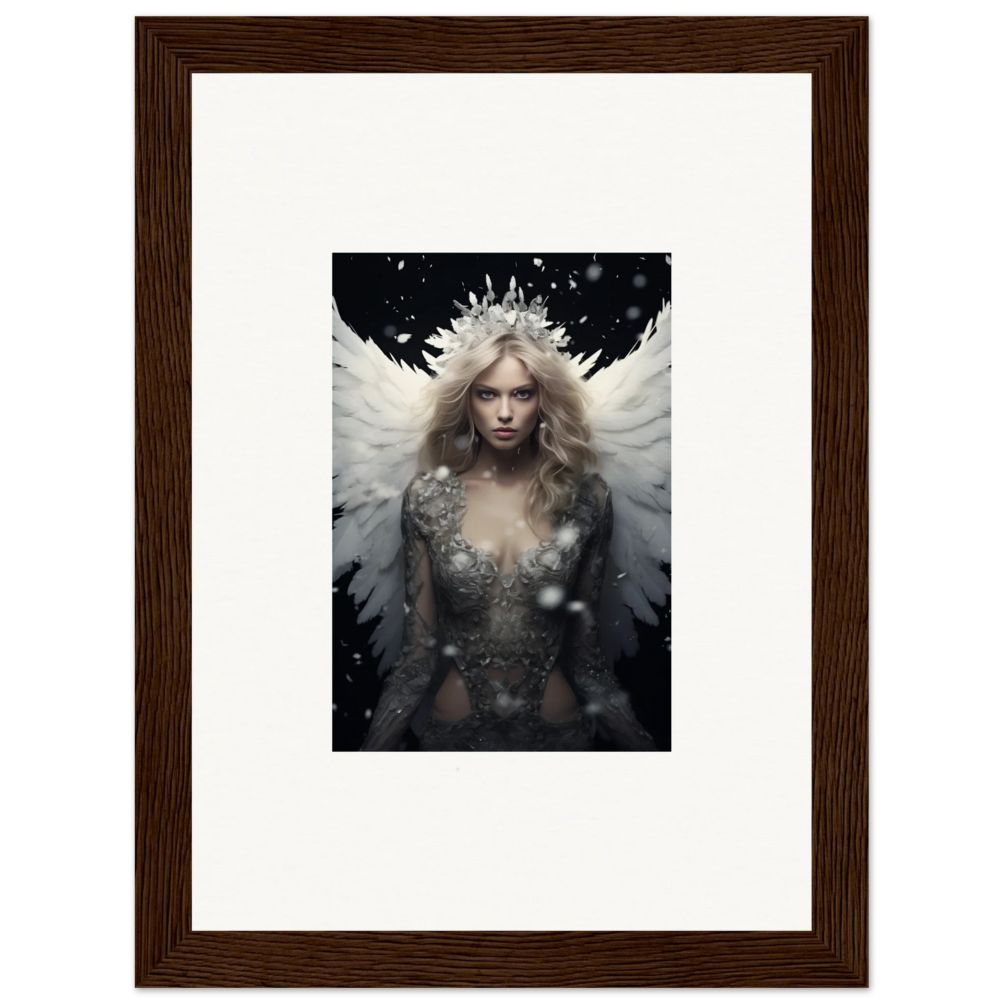 Framed canvas print of a feathery specter angel with wings, perfect for room decoration