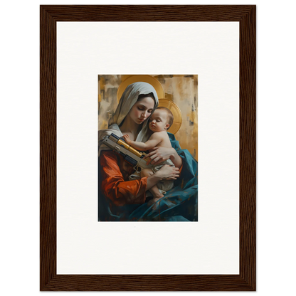 Framed wall art of a woman and baby, perfect for room decoration or a canvas print