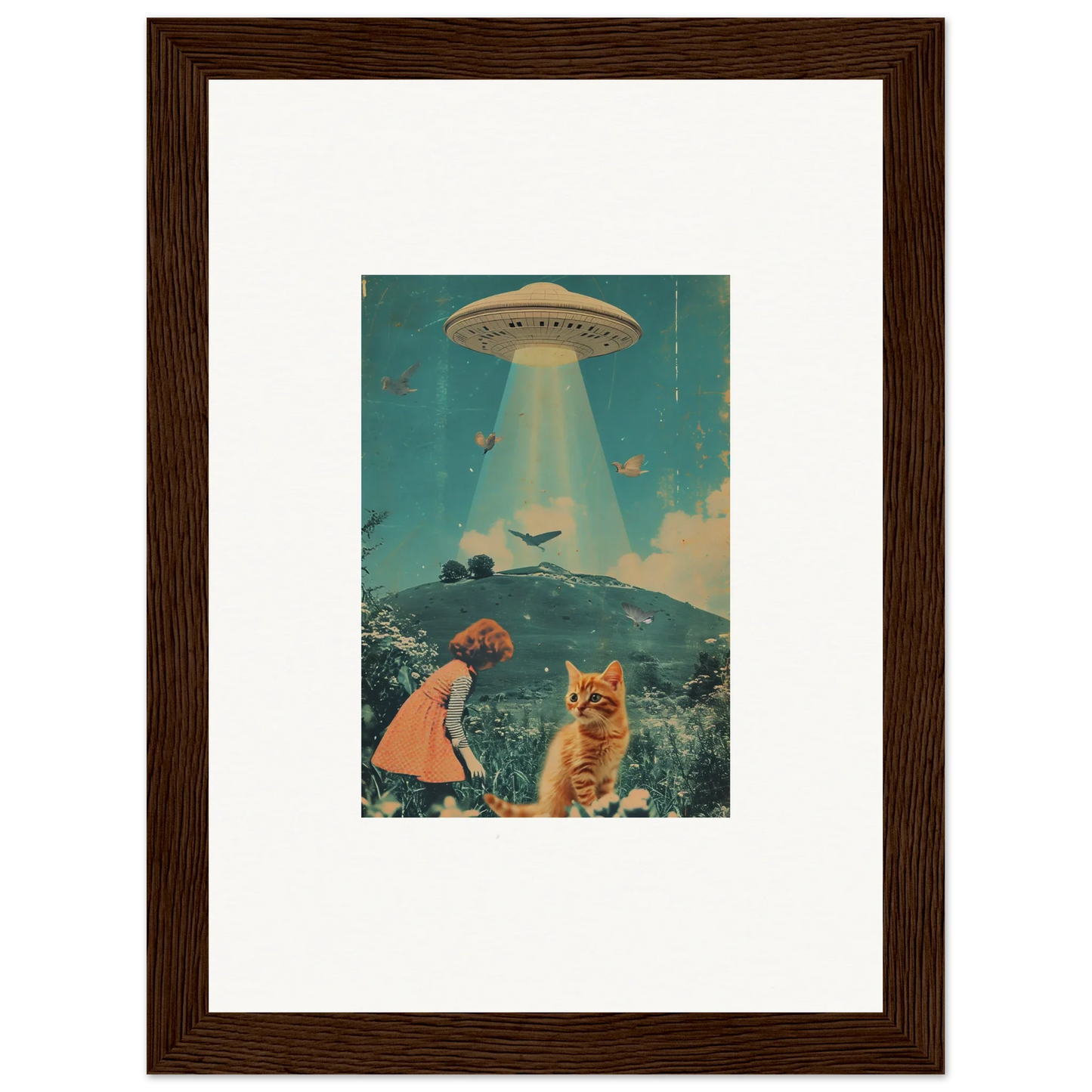 Framed vintage UFO collage artwork perfect for unique room decoration with Canvas print vibes