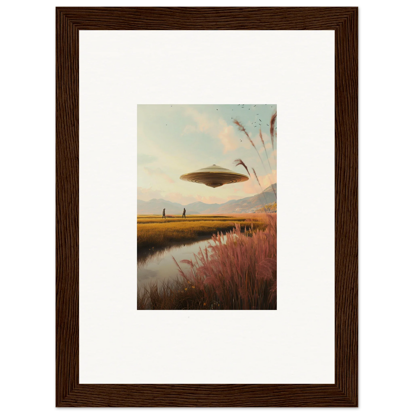 Flying saucer-shaped UFO over a meadow, perfect for room decor and framed wall art