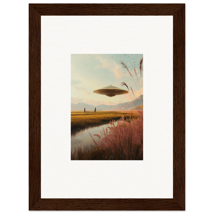 Flying saucer-shaped UFO over a meadow, perfect for room decor and framed wall art