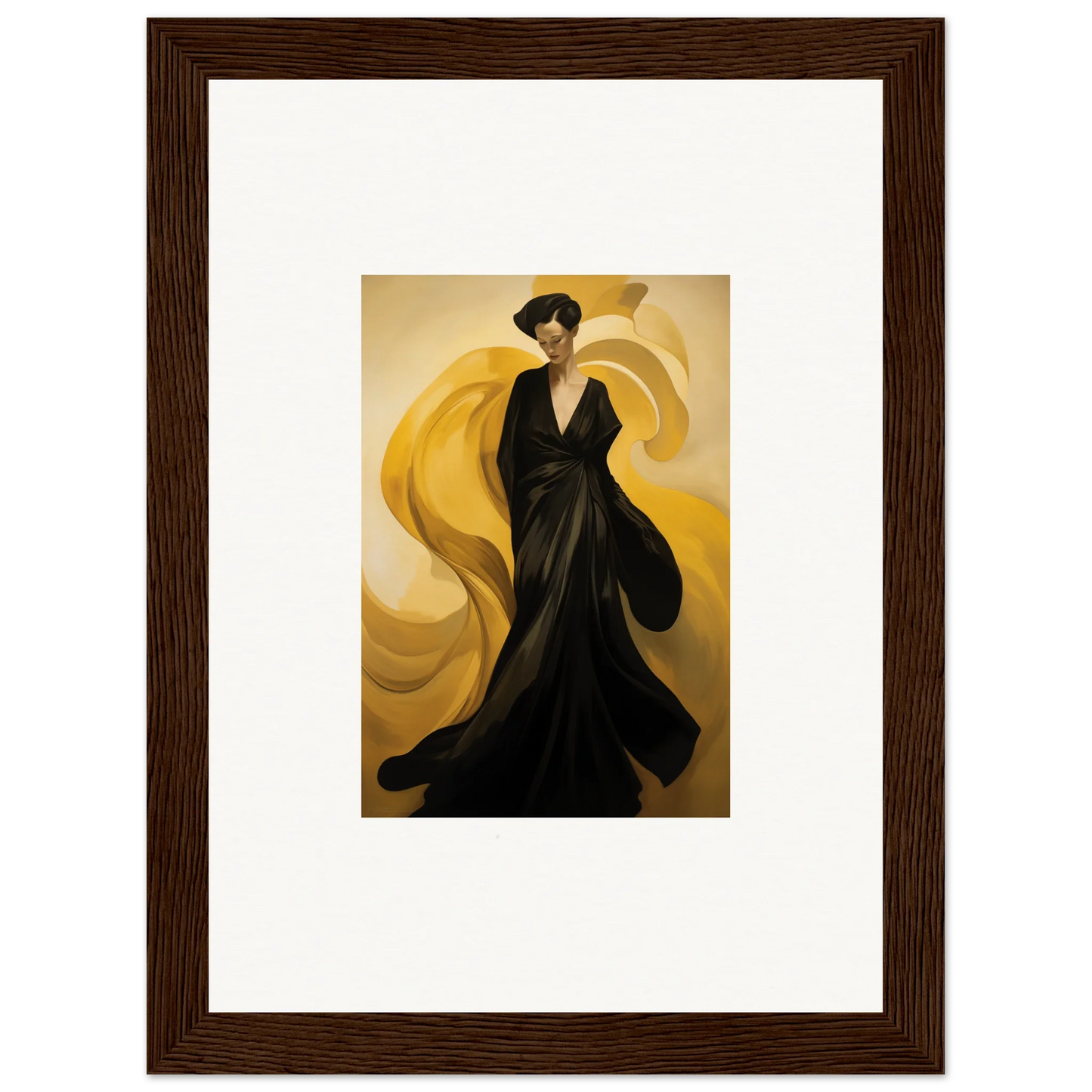 Framed canvas print of a figure in a black gown on golden sun waves for stylish room decoration