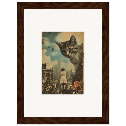 Surreal canvas print of a giant cat’s face over a cityscape for cool room decoration