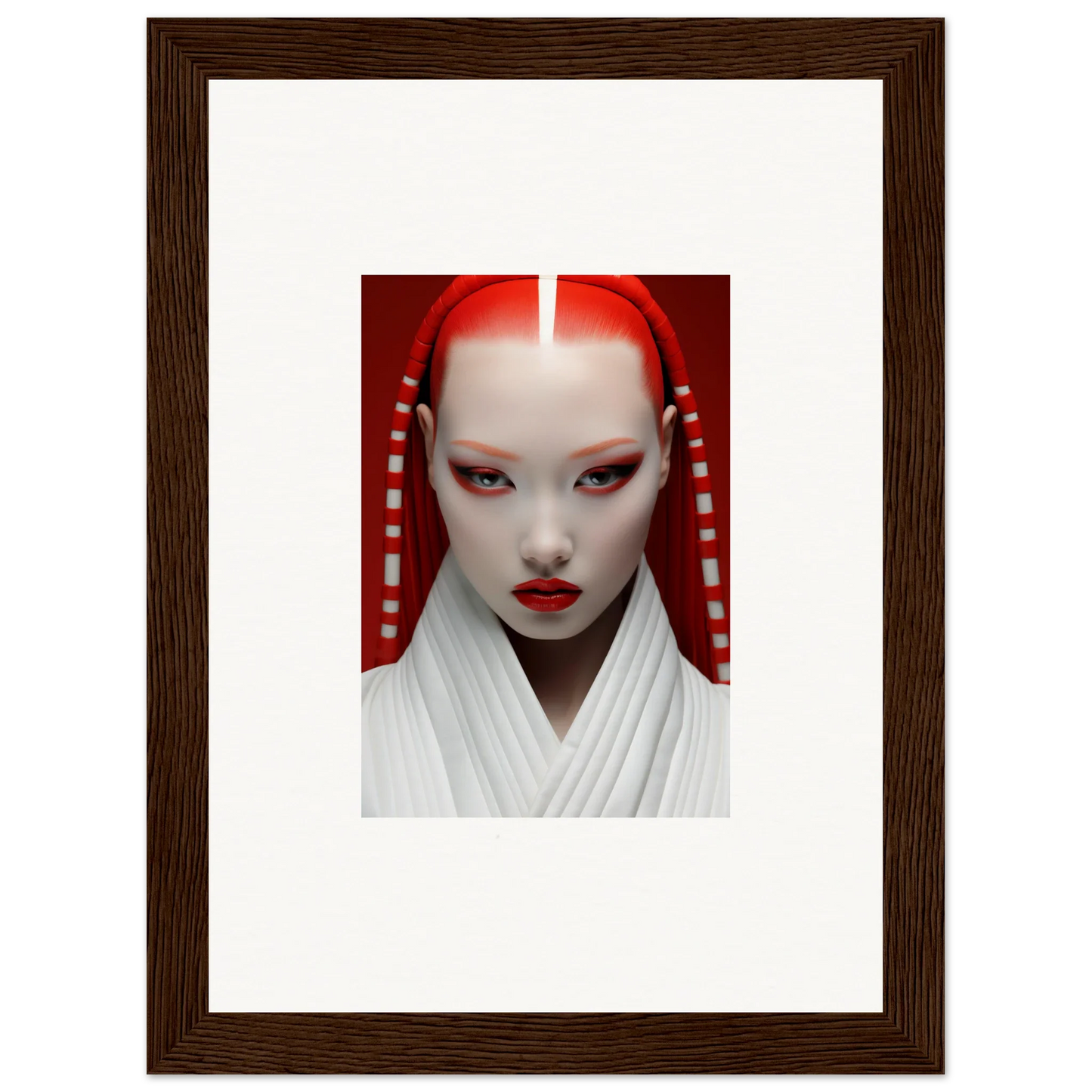 Portrait of a person in geisha-inspired white and red makeup on Pome Artcard Whisper