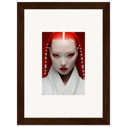 Portrait of a person in geisha-inspired white and red makeup on Pome Artcard Whisper