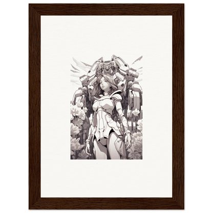 Framed black and white sketch of a robotic humanoid for dream machine room decoration