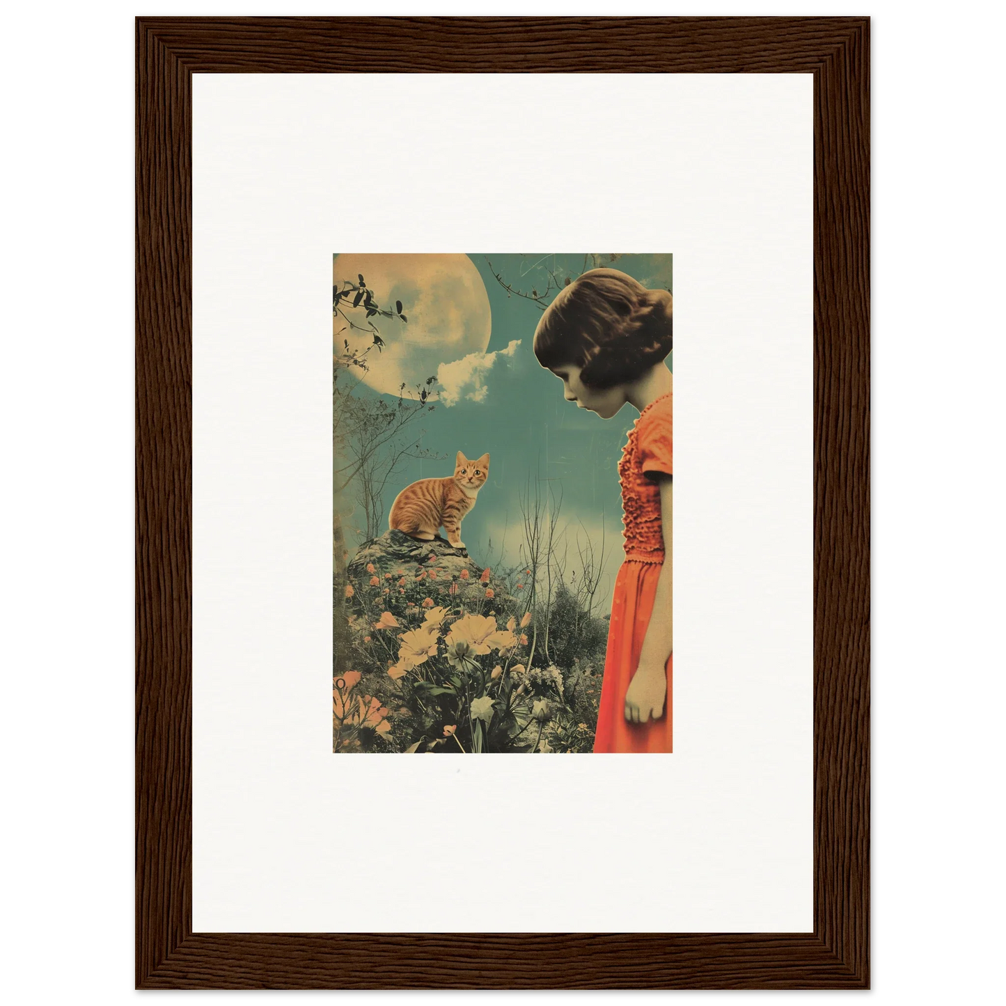 Framed vintage artwork of a woman in red dress and cat, perfect for flora reverie room decoration