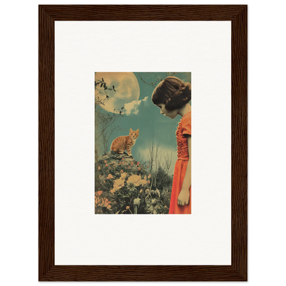 Framed vintage artwork of a woman in red dress and cat, perfect for flora reverie room decoration