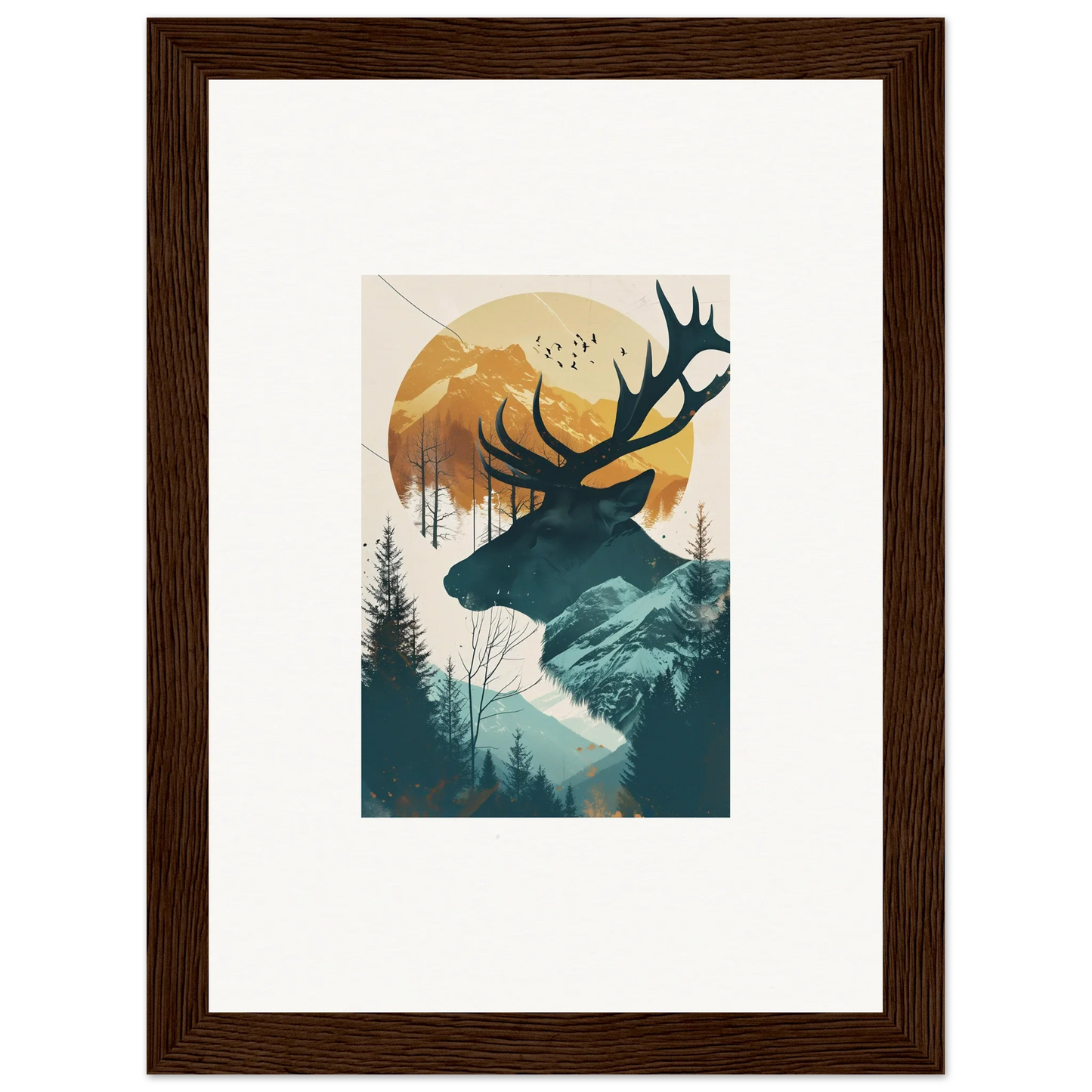 Stylized deer silhouette over a nature scene for a unique canvas print in room decoration