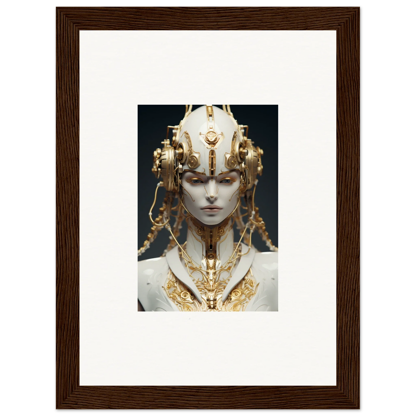 Ornate golden headdress and necklace on a pale face, perfect for your Flux Radiance room decoration