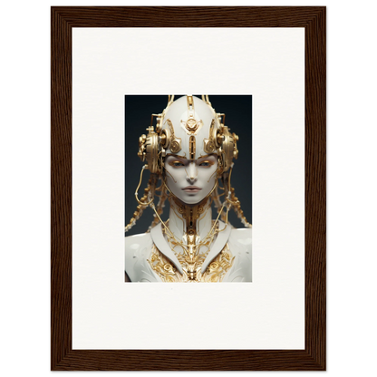 Ornate golden headdress and necklace on a pale face, perfect for your Flux Radiance room decoration