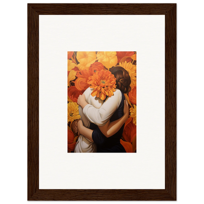 Framed canvas print of two figures embraced by an orange flower for room decoration