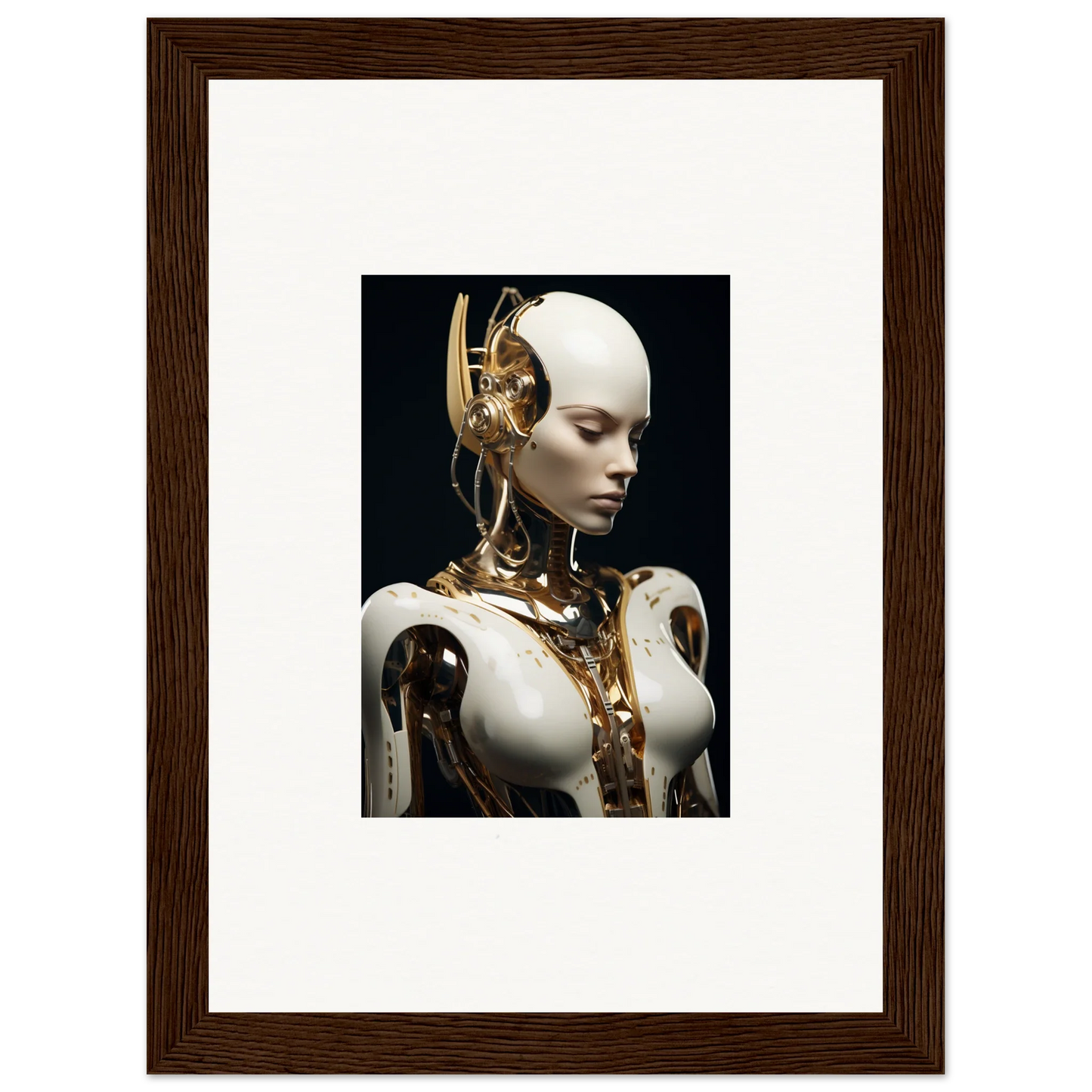 Humanoid robot with lifelike face, perfect for a Hyperspace Dream Machine canvas print