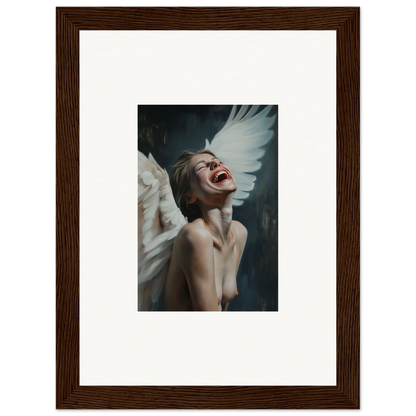 Framed canvas print of a person with white wings laughing, perfect wall art for room decoration