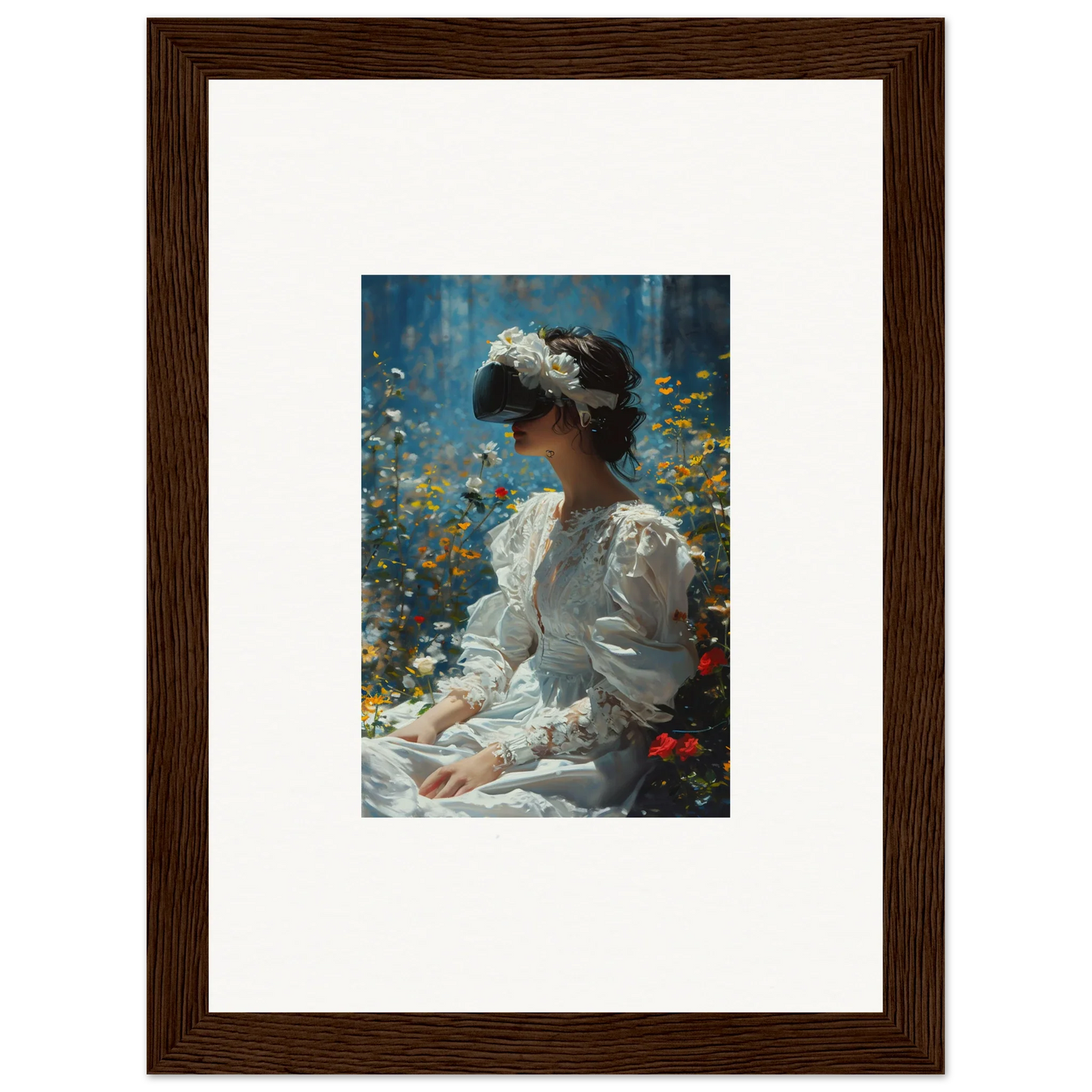 Framed canvas print of a woman in a white dress, perfect for bloom reverie room decoration