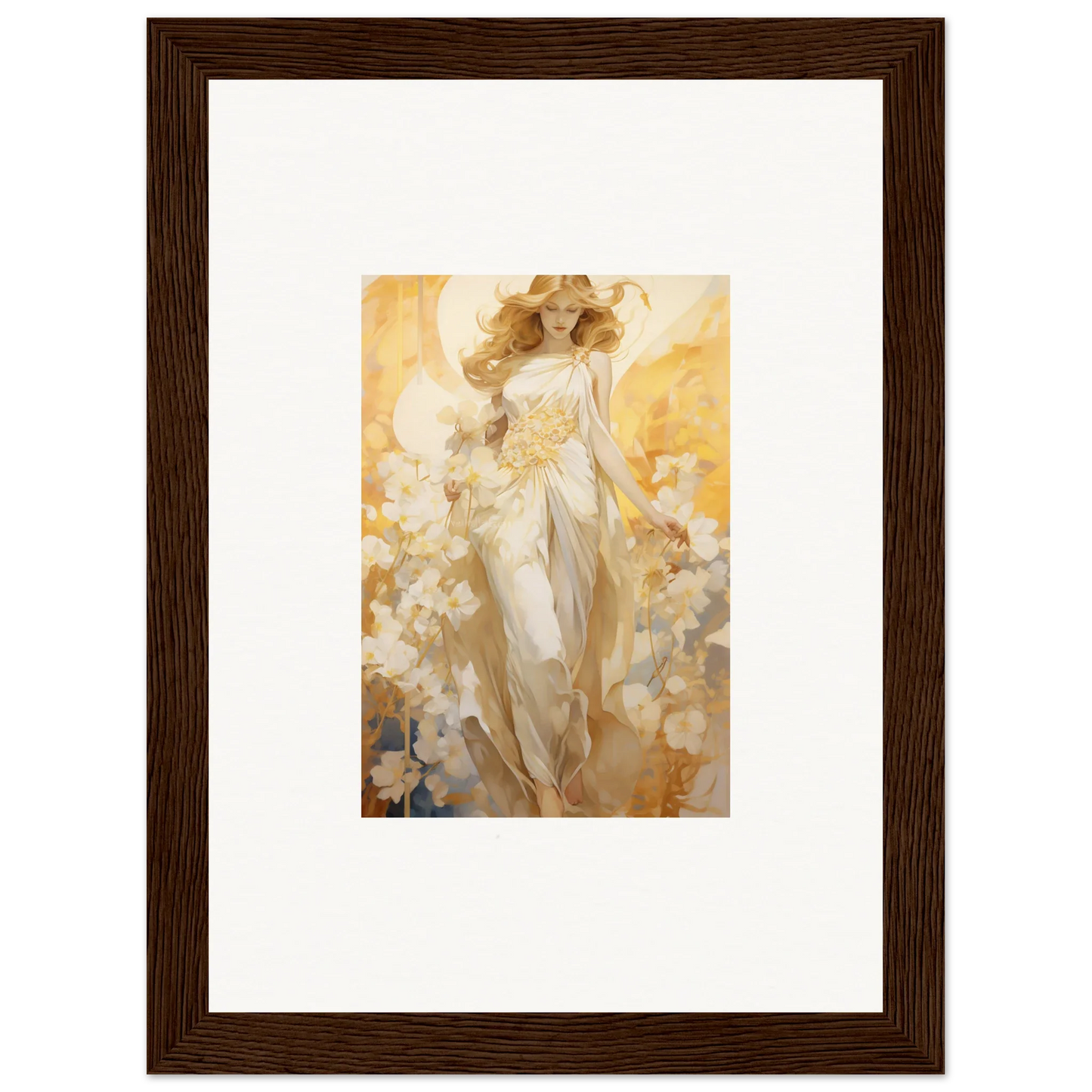 Framed canvas print of Etherial Blossom Reverie, a dreamy female figure in golden light