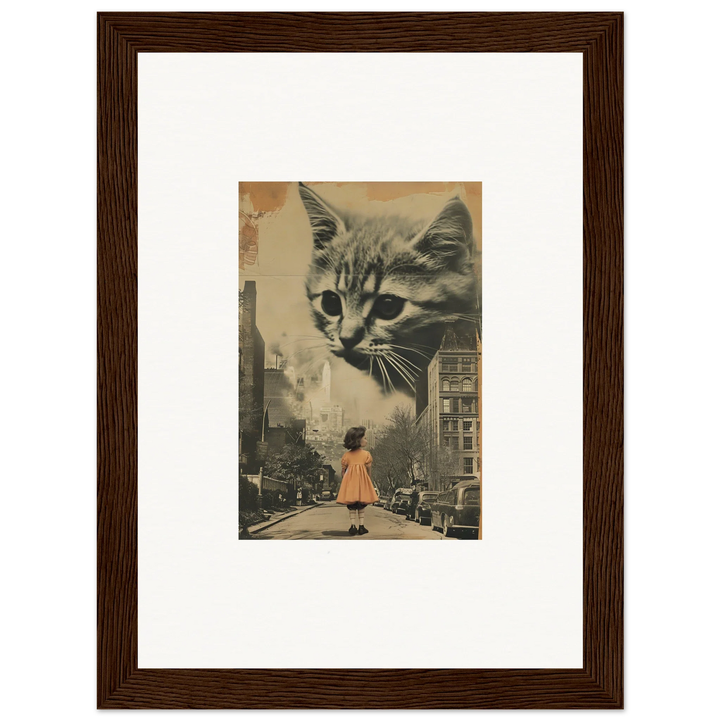 Framed canvas print of giant cat art over city street for unique room decoration