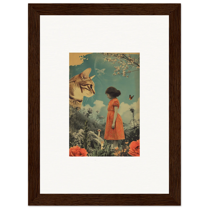 Surreal canvas print featuring a girl in an orange dress and a giant cat head for room decoration