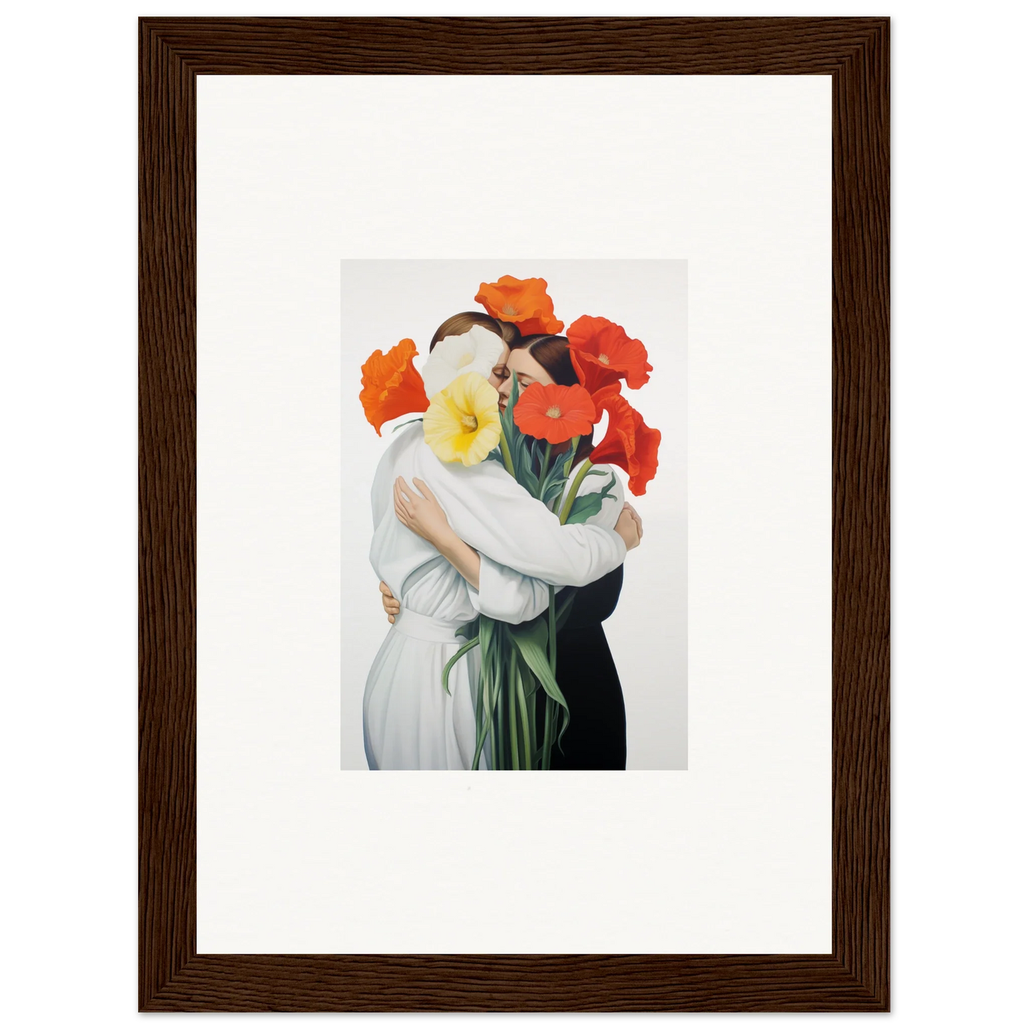 Framed canvas print of Floral Vortex Embrace with a figure and vibrant flowers for room decoration