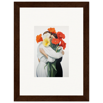 Framed canvas print of Floral Vortex Embrace with a figure and vibrant flowers for room decoration