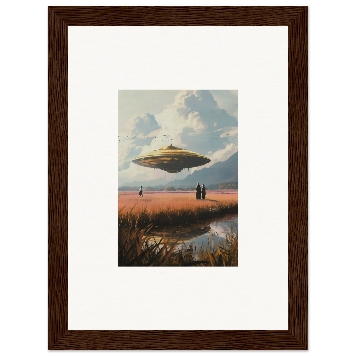 Flying saucer-shaped UFO in the sky for your Drifting Suns room decoration canvas print