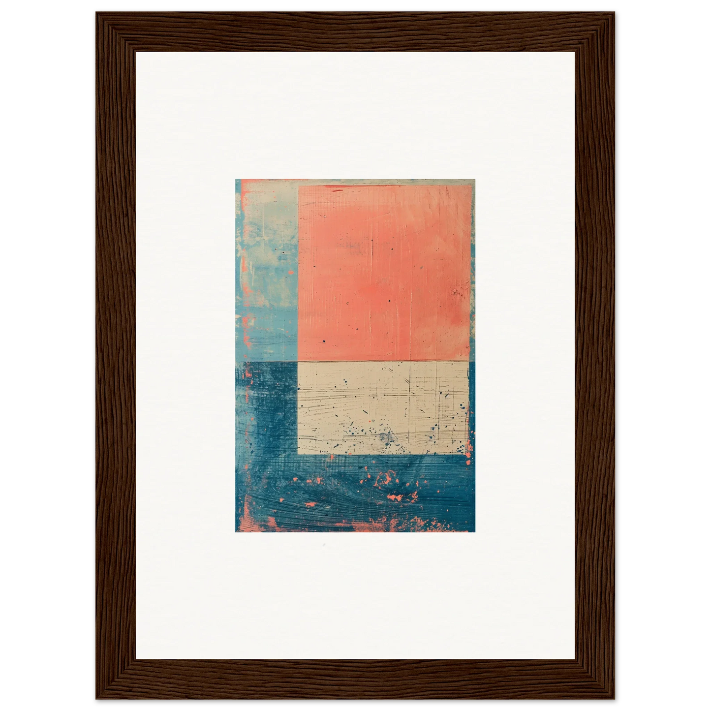 Framed abstract canvas print in coral, blue, and beige for trendy room decoration