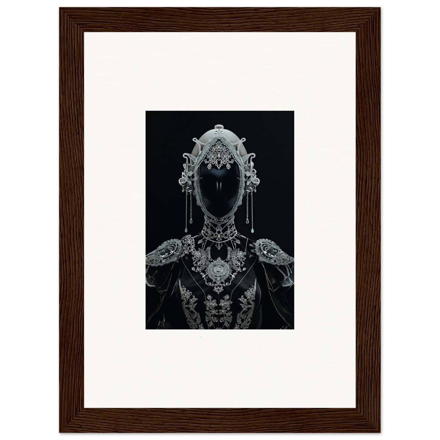 Ornate silver headdress on a shadowy figure, perfect for a Nebulae Princess canvas print