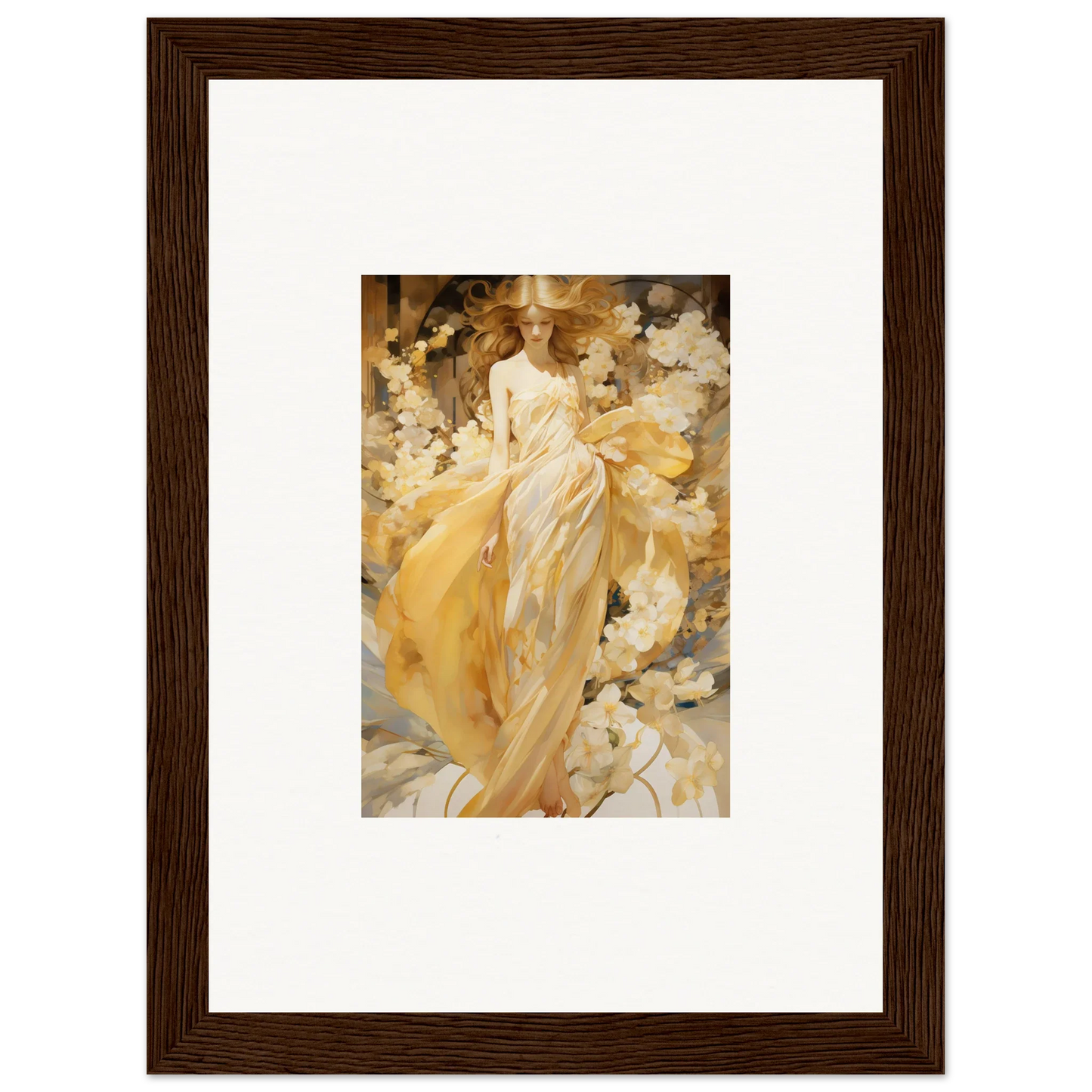 Framed canvas print of a woman in a flowing yellow dress for chic room decoration