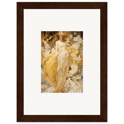 Framed canvas print of a woman in a flowing yellow dress for chic room decoration