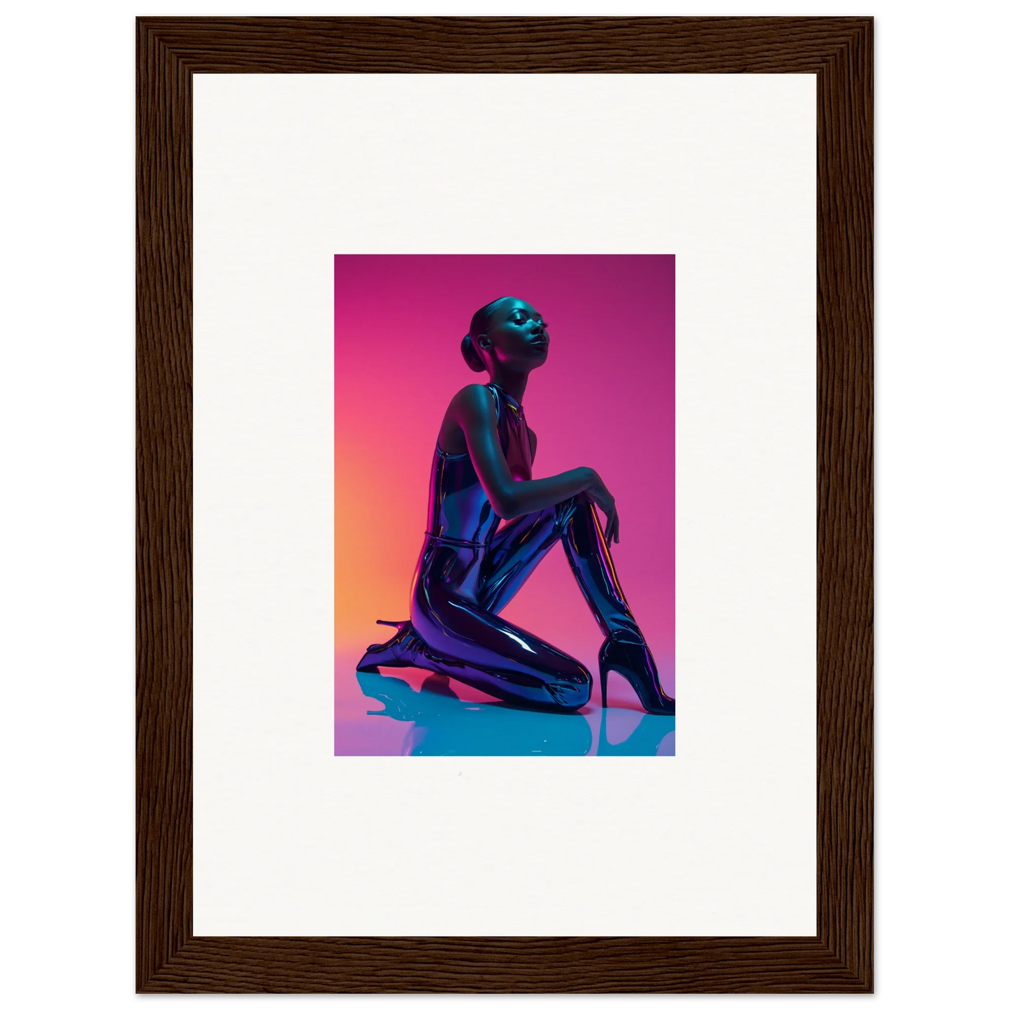 Silhouette of a kneeling figure on a vibrant canvas print for Neon Vortex room decoration