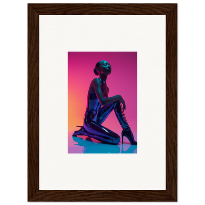 Silhouette of a kneeling figure on a vibrant canvas print for Neon Vortex room decoration