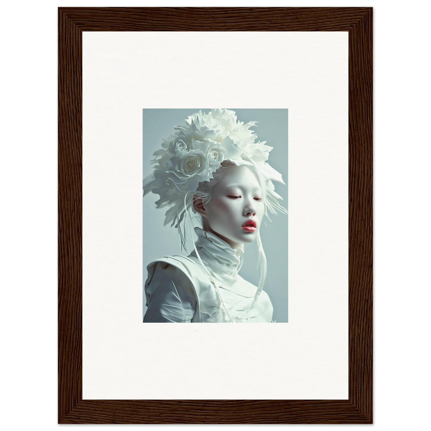 Framed portrait of a person in white makeup and feathered headdress for room decoration