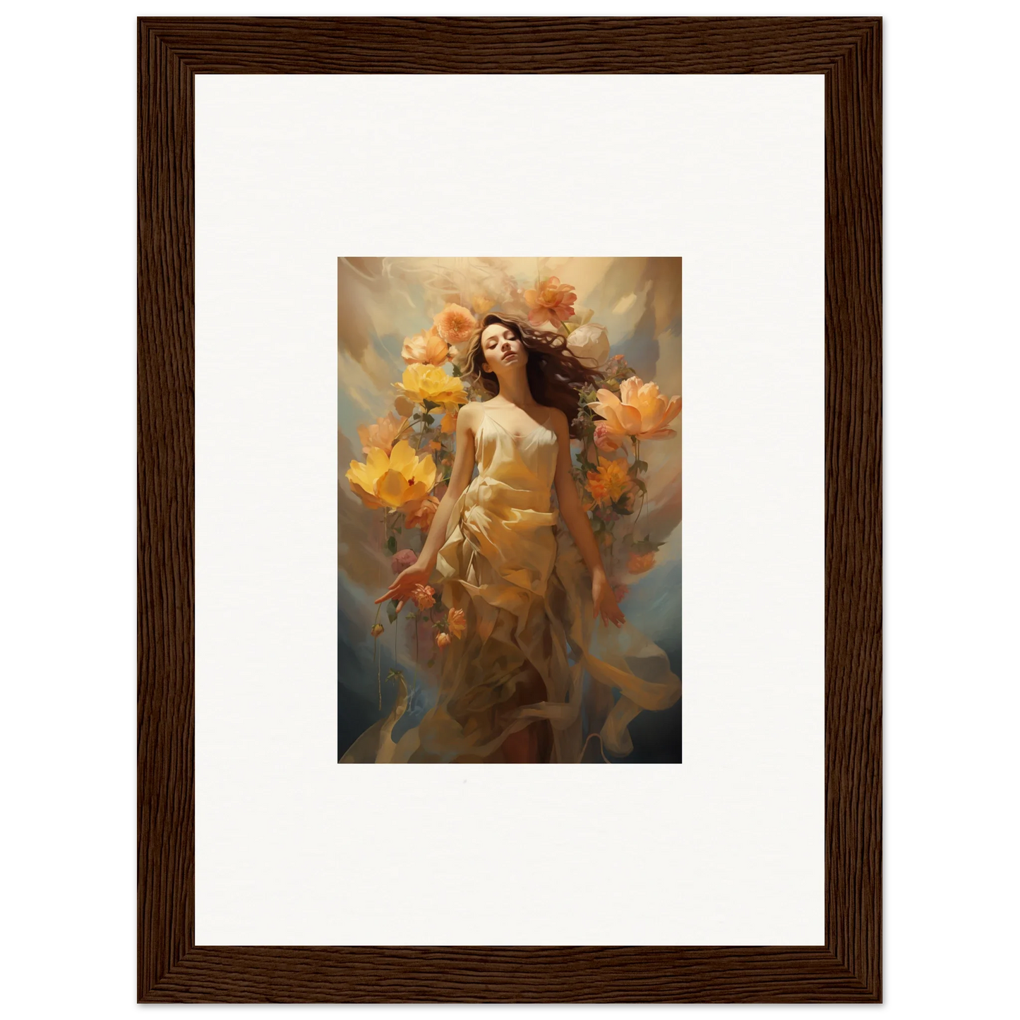 Framed canvas print of a woman in autumn flowers for your Blossom Odyssey room decoration