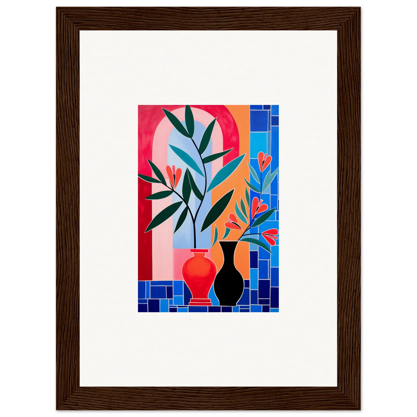 Framed wall art featuring colorful ceramic blooms and plants in vases for stylish room decor