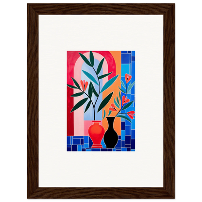 Framed wall art featuring colorful ceramic blooms and plants in vases for stylish room decor