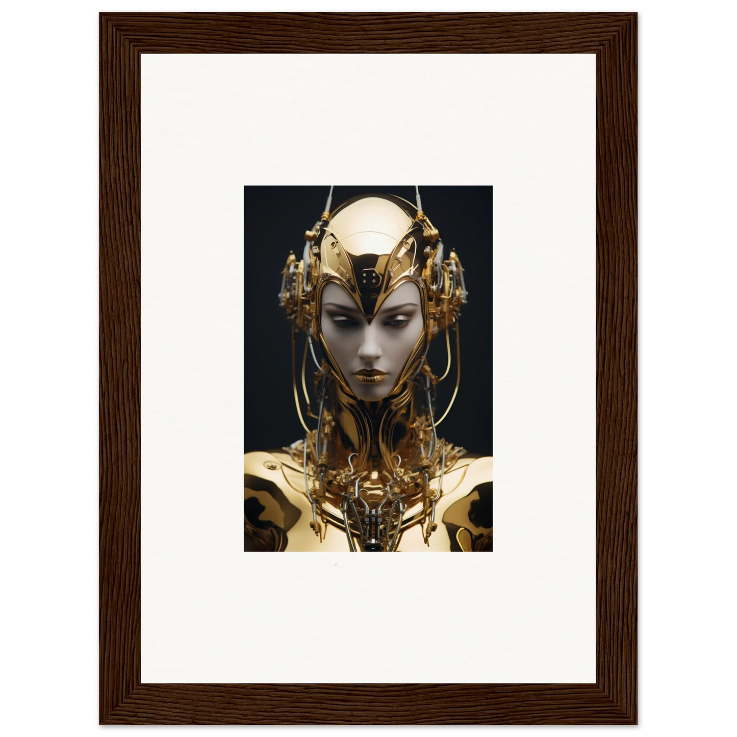 Futuristic humanoid figure with golden headpiece, perfect for a Chirping Inventrix canvas print