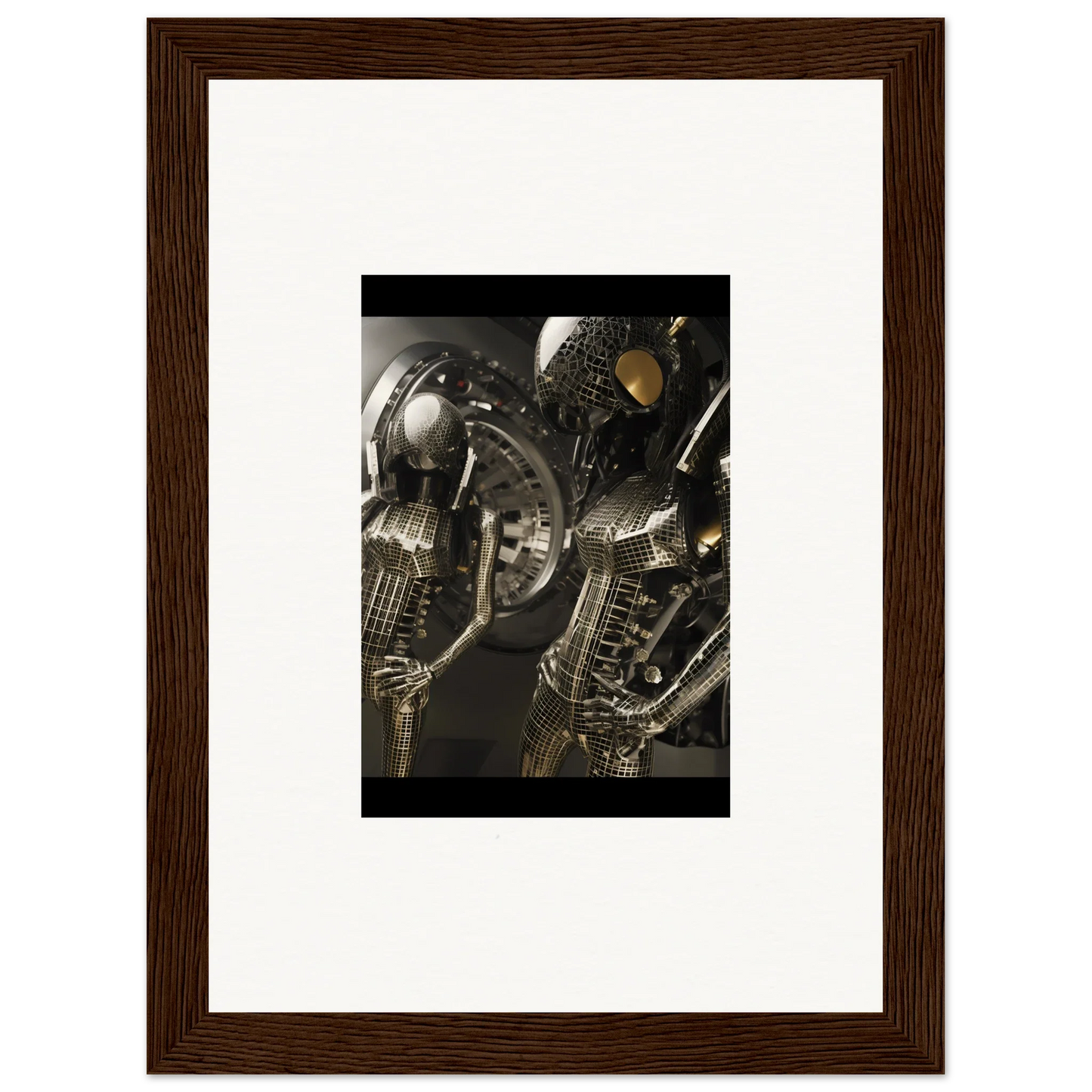 Framed canvas print of metallic alien figures for unique muse web room decoration