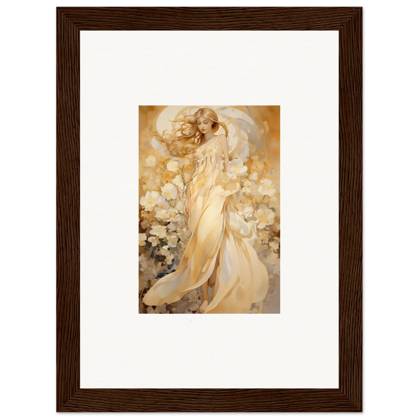 Ethereal female figure in golden tones surrounded by flowers for floral harmony room decoration